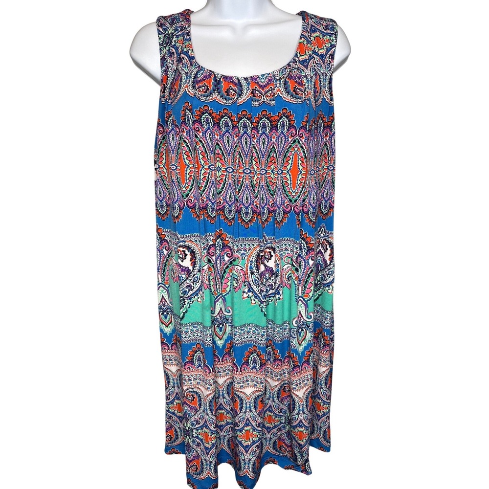Ronni Nicole Blue Paisley Sleeveless Shift Dress Sz 8 Pleated Front Boho Vibrant